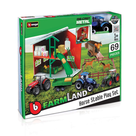 1:43 FARMLAND PLAYSET HORSE STABLE WITH NEW HOLLAND TRACTOR