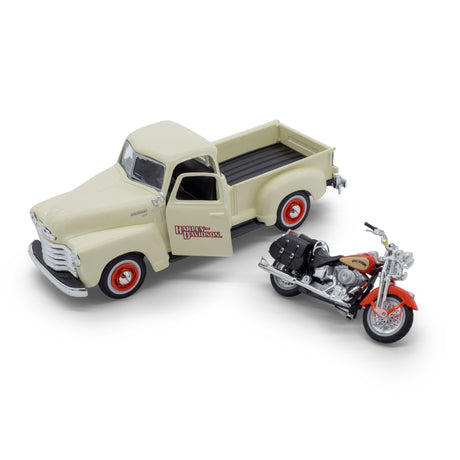 1:24 HARLEY DAVIDSON CHEVROLET 3100 PICKUP WITH FLSTS HERITAGE SPRINGER CHEVY