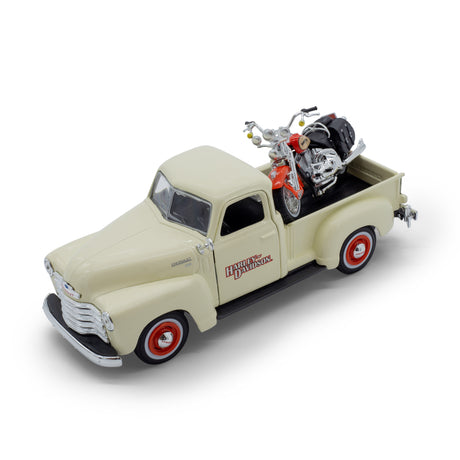 1:24 HARLEY DAVIDSON CHEVROLET 3100 PICKUP WITH FLSTS HERITAGE SPRINGER CHEVY
